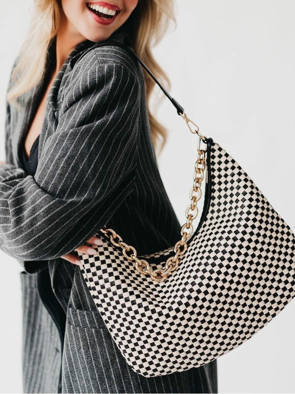 Sienna Slouchy Woven Shoulder Bag Black & Off White Checkered /Gold Chain
